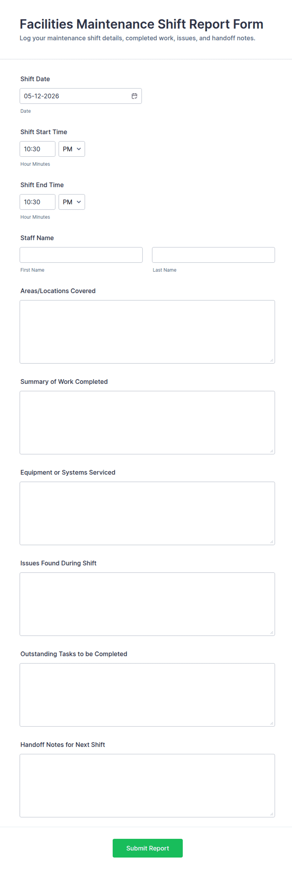 Facilities Maintenance Shift Report Form Template | Jotform