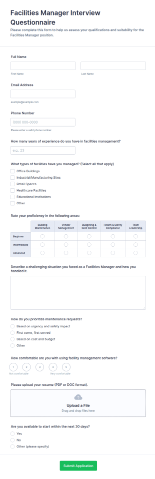 Facilities Manager Interview Questionnaire Form Template