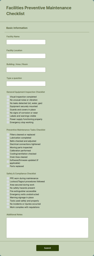 Facilities Preventive Maintenance Checklist Form Template