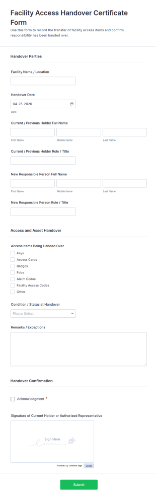 Facility Access Handover Certificate Form Template