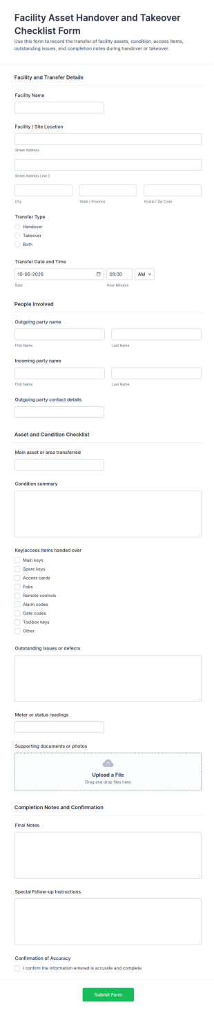 Facility Asset Handover And Takeover Checklist Form Template