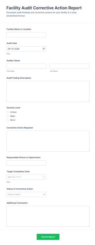 Facility Audit Corrective Action Report Form Template