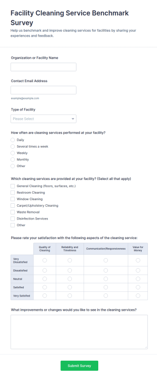 Facility Cleaning Service Benchmark Survey Form Template