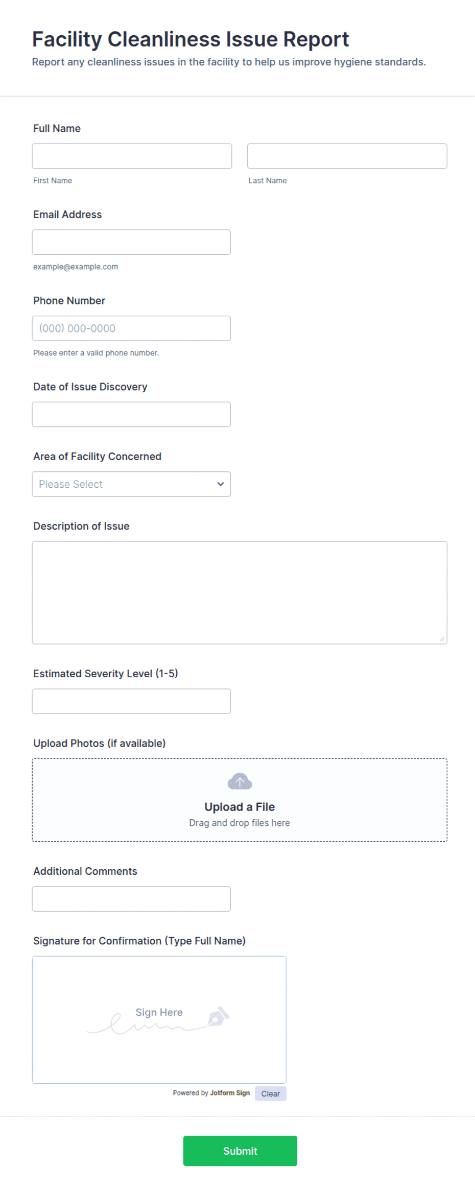 Issue Report Format Pdf Facility Cleanliness Issue Report Form Template | Jotform