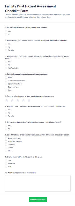 Facility Dust Hazard Assessment Checklist Form Template