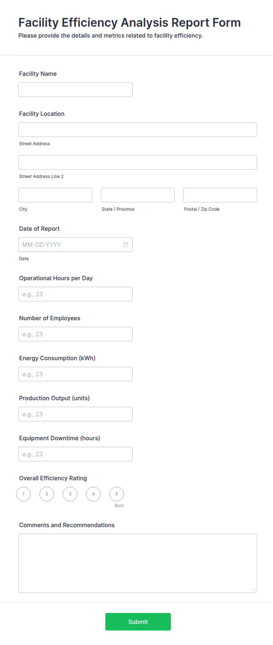 Inefficiency Report Example Facility Efficiency Analysis Report Form Template | Jotform