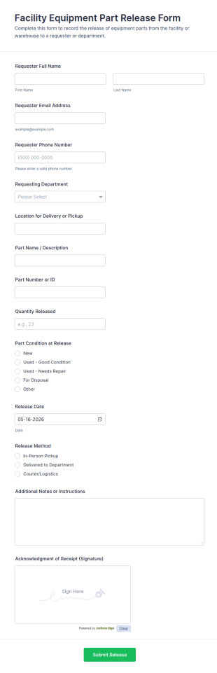 Facility Equipment Part Release Form Template