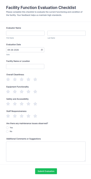 Facility Function Evaluation Checklist Form Template