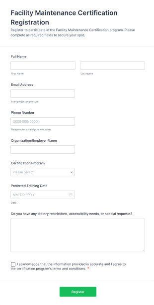 Facility Maintenance Certification Registration Form Template