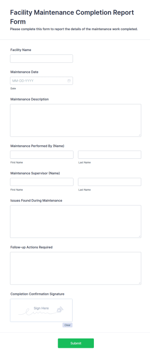 Facility Maintenance Completion Report Form Template