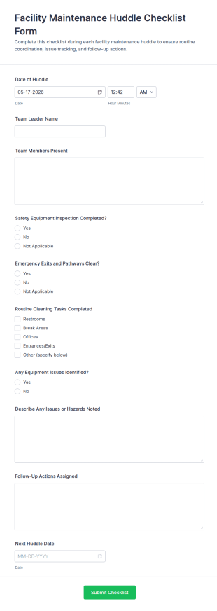 Facility Maintenance Huddle Checklist Form Template