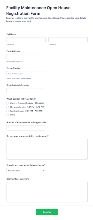 Facility Maintenance Open House Registration Form Template