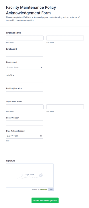Facility Maintenance Policy Acknowledgement Form Template