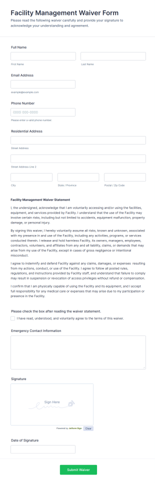 Facility Management Waiver Form Template