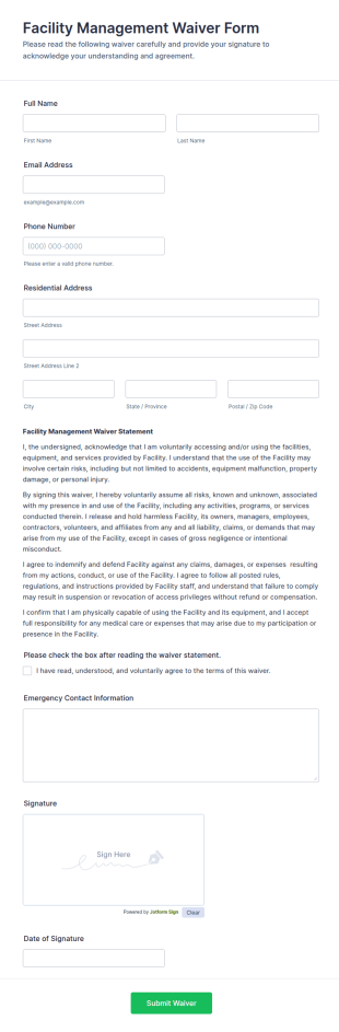 Facility Management Waiver Form Template
