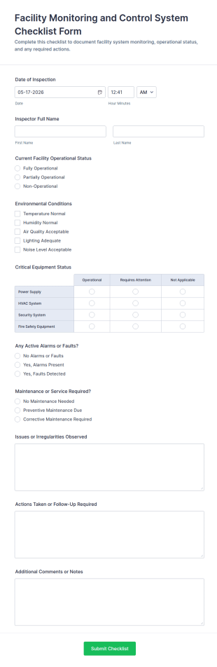 Facility Monitoring And Control System Checklist Form Template