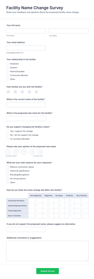 Facility Name Change Survey Form Template