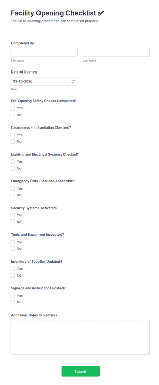 Facility Opening Checklist ✅ Form Template