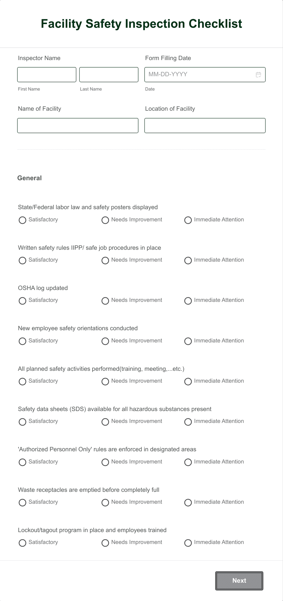 facility-safety-inspection-checklist-form-template-jotform for Free Printable Monthly Aed Monthly Inspection Log Facility Safety Inspection Checklist Form Template | Jotform for Free Printable Monthly Aed Monthly Inspection Log