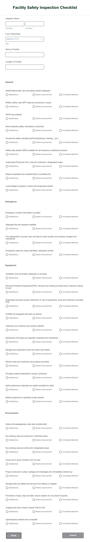 Facility Safety Inspection Checklist Form Template