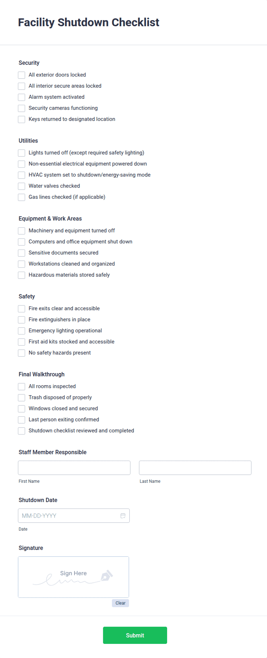 Facility Closure Form.pdf Facility Shutdown Checklist Form Template | Jotform