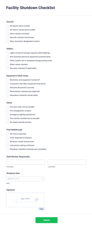 Facility Shutdown Checklist Form Template