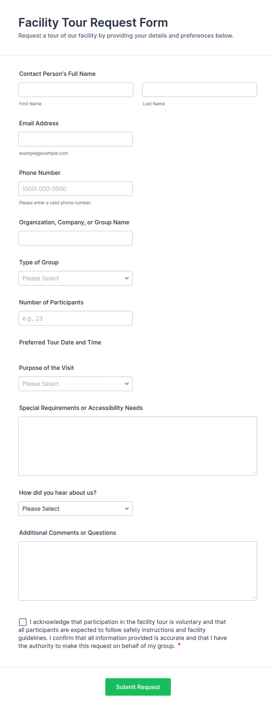 Toar Form Facility Tour Request Form Template | Jotform