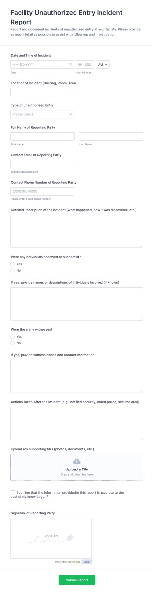 Facility Unauthorized Entry Incident Report Form Template