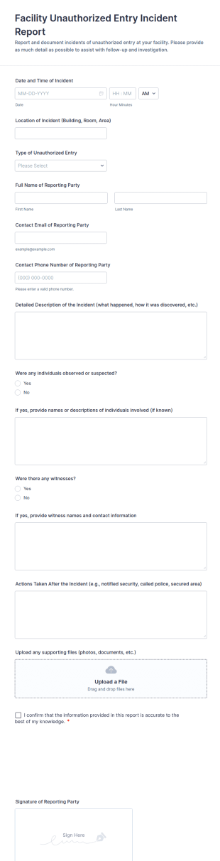 Facility Unauthorized Entry Incident Report Form Template