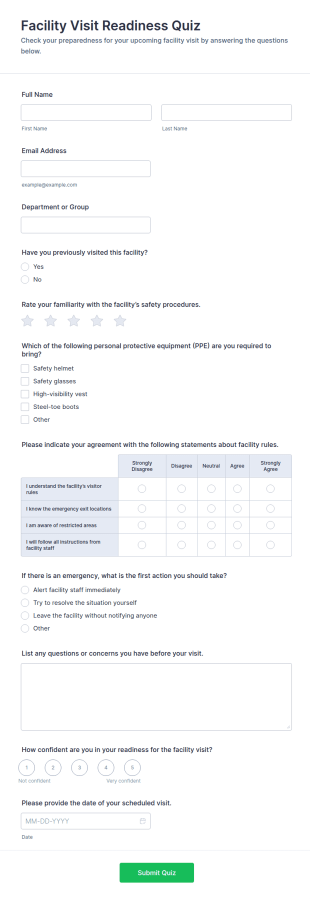 Facility Visit Readiness Quiz Form Template