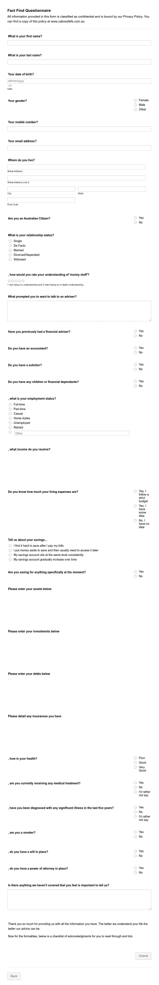 Fact Find Questionnaire Form Template