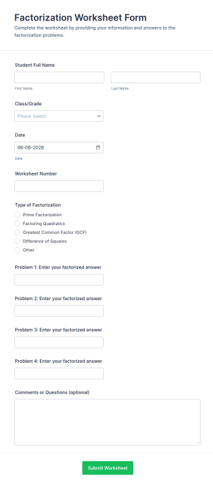 Factorization Worksheet Form Template