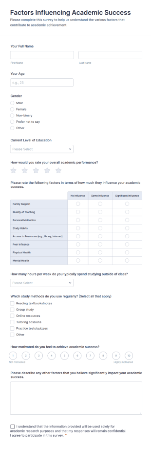 Factors Influencing Academic Success Form Template