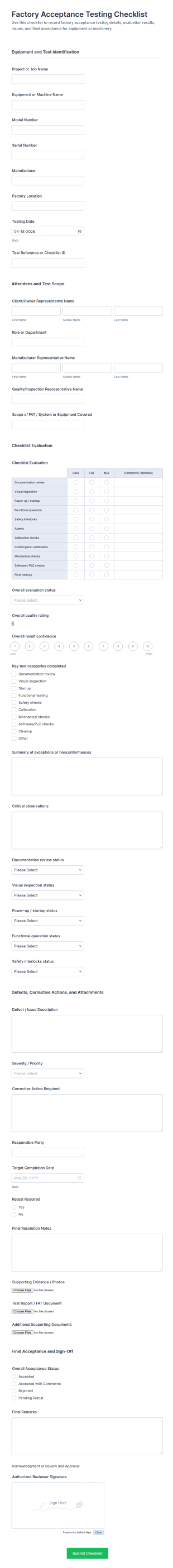 Factory Acceptance Testing Checklist Form Template