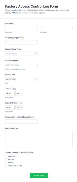 Factory Access Control Log Form Template
