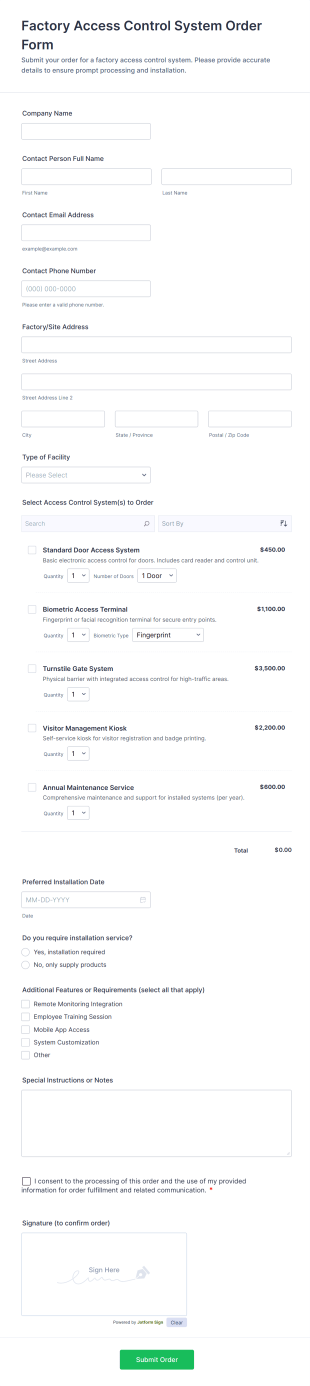 Factory Access Control System Order Form Template