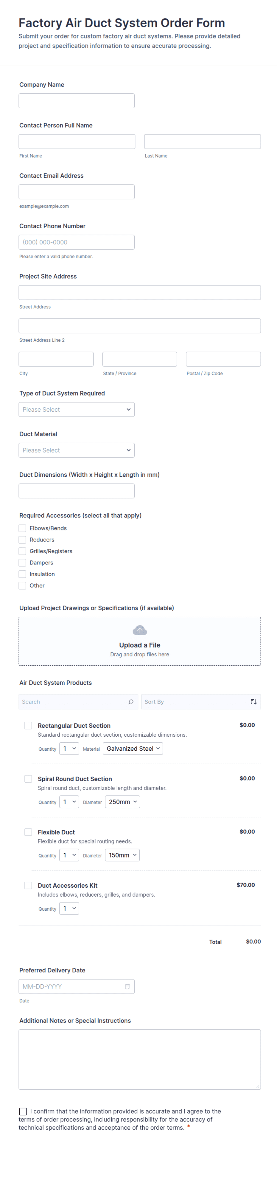 Factory Direct Form Factory Air Duct System Order Form Template | Jotform