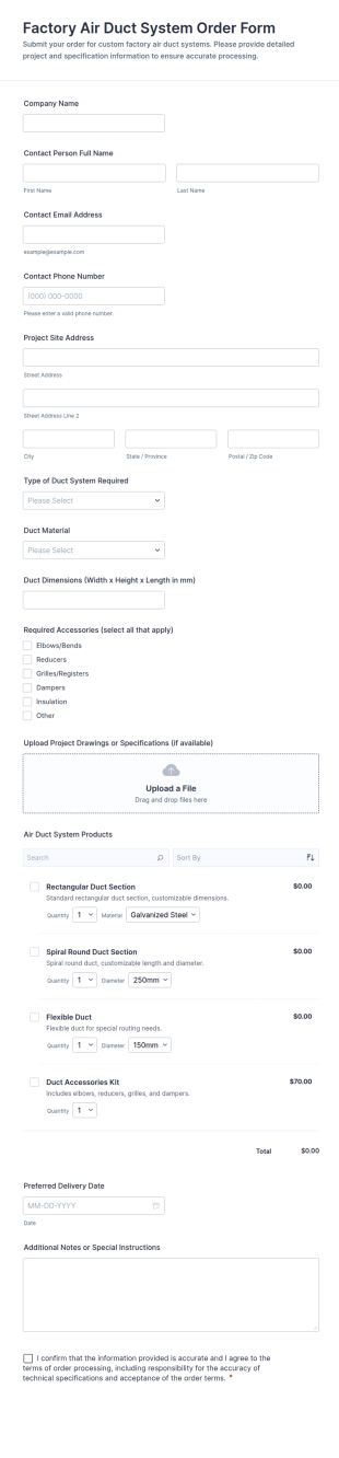 Factory Air Duct System Order Form Template