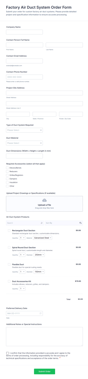 Factory Air Duct System Order Form Template