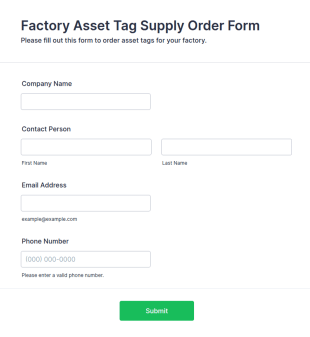 Factory Asset Tag Supply Order Form Template