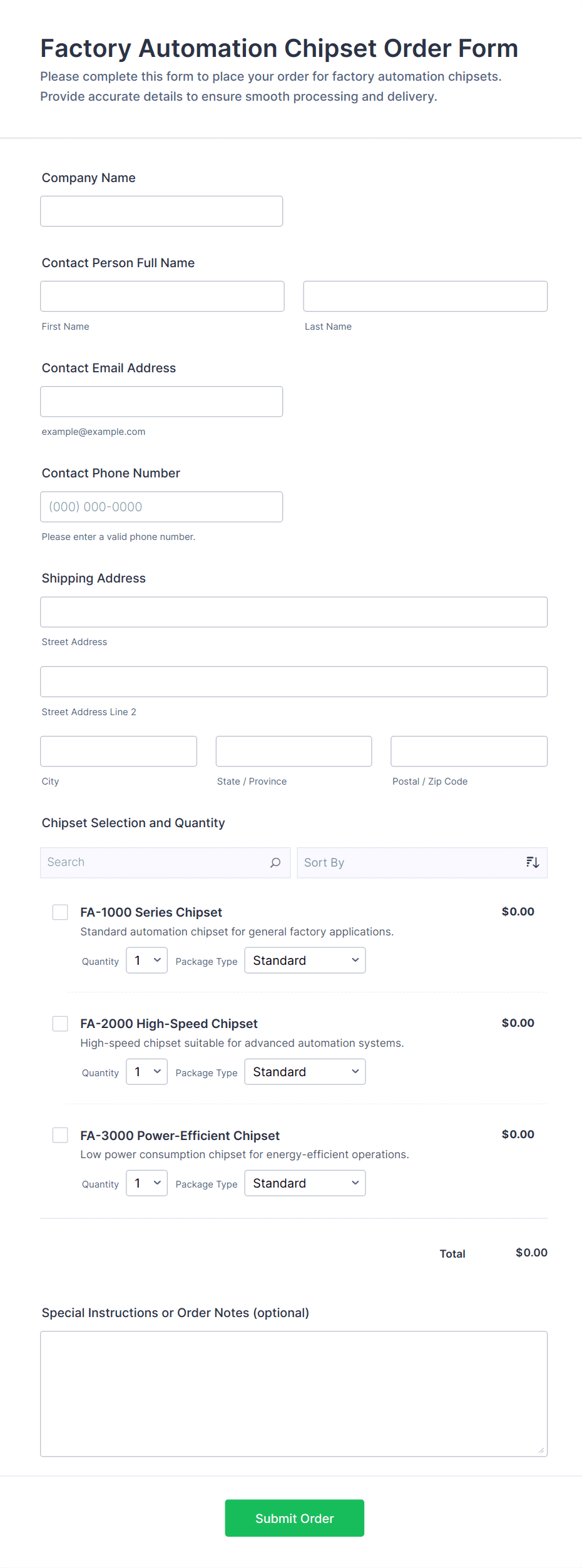 Factory Automation Chipset Order Form Template | Jotform