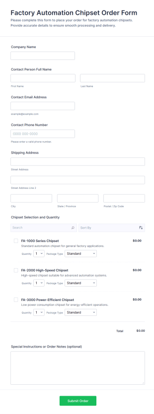 Factory Automation Chipset Order Form Template