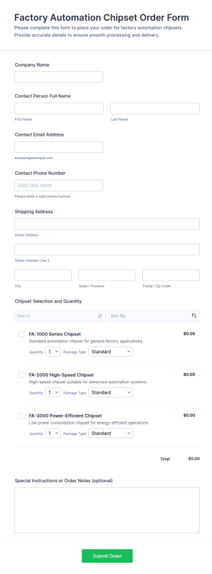 Factory Automation Chipset Order Form Template