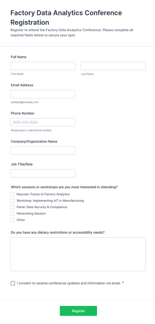 Factory Data Analytics Conference Registration Form Template