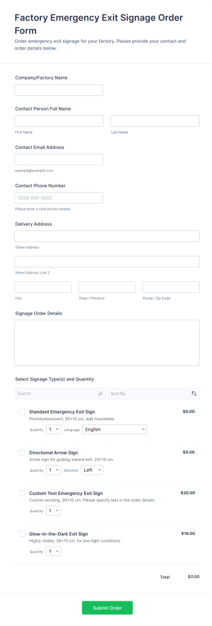 Factory Emergency Exit Signage Order Form Template