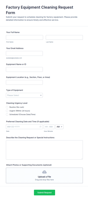Factory Equipment Cleaning Request Form Template