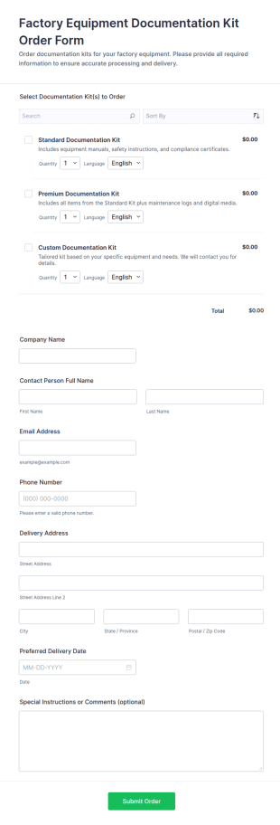 Factory Equipment Documentation Kit Order Form Template