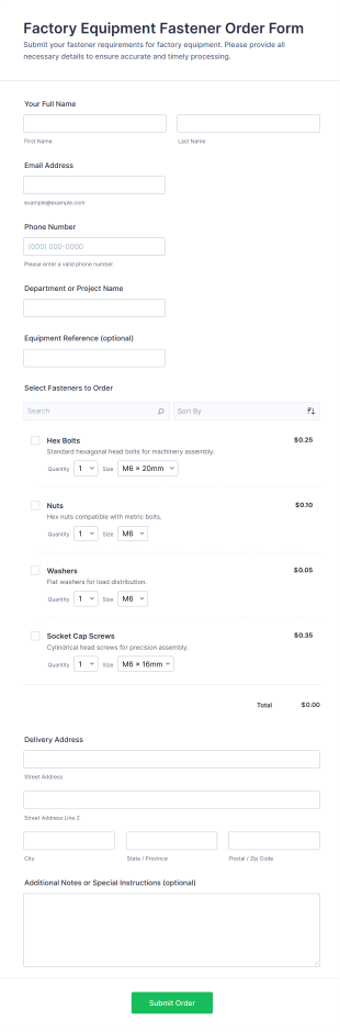 Factory Equipment Fastener Order Form Template