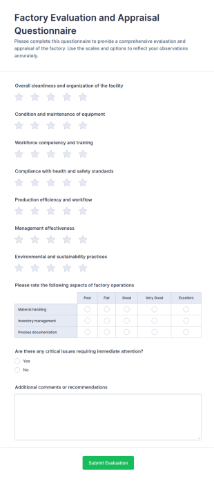 Factory Evaluation And Appraisal Questionnaire Form Template