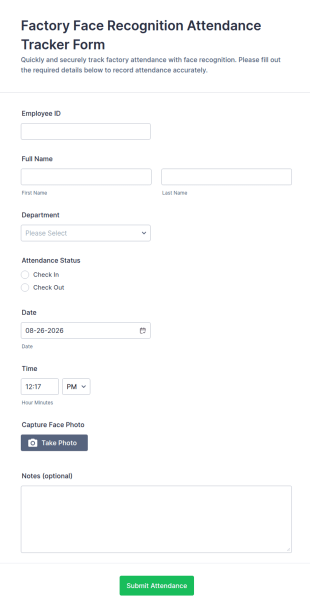 Factory Face Recognition Attendance Tracker Form Template
